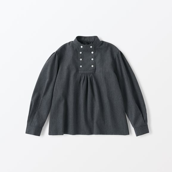 【写真】H& by POOL Stand-Up Collar Blouse Gray × Stripe