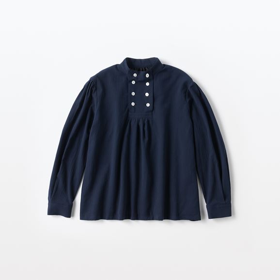 H& by POOL Stand-Up Collar Blouse Chiffon Cotton Navy