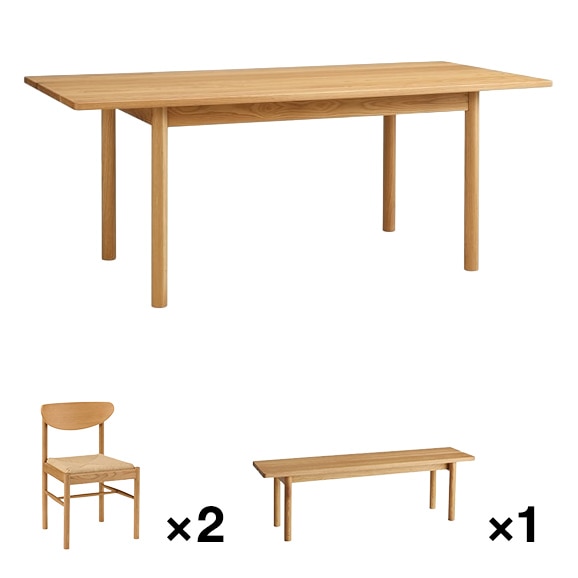 【写真】DIMANCHE DINING TABLE 1800、MEMOLA CHAIR×2、DIMANCHE BENCH
