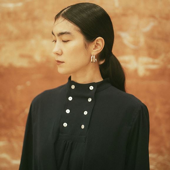 ☆H& by POOL Stand-Up Collar One-Piece Shirt Chiffon Cotton Navy  