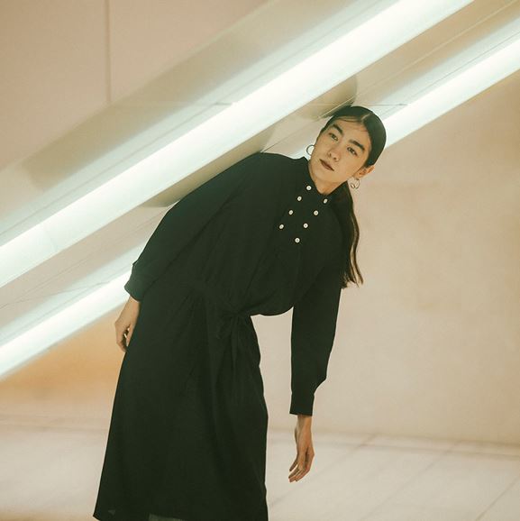 ☆H& by POOL Stand-Up Collar One-Piece Shirt Chiffon Cotton Navy  